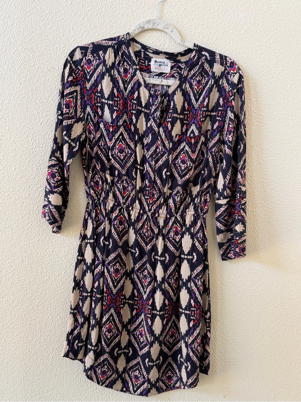 Anthropologie’s HOLDING HORSES Navy, Cream & Pink Geometric Long Sleeve Dress